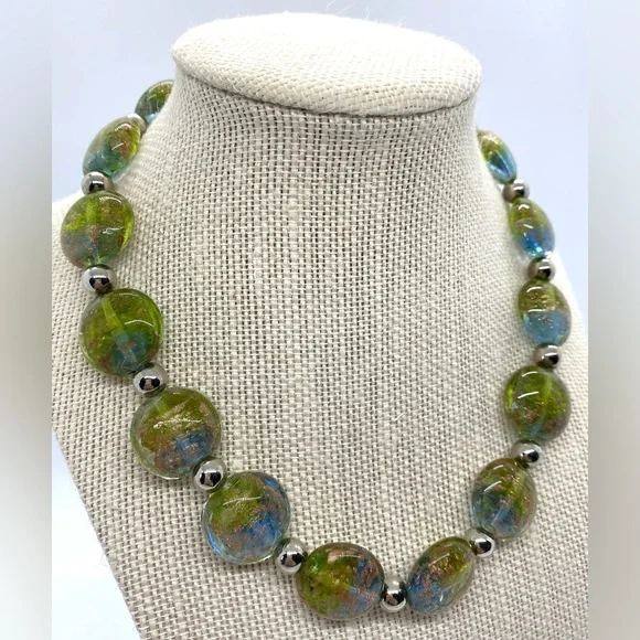 Green Gold Silver Beaded Chunky Necklace Vintage Boho-chic Retro Party Classic - Picture 11 of 11